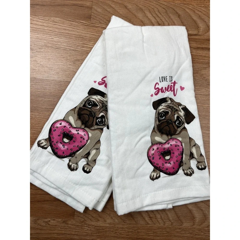 Valentine's Day PUG Dog Set of 2 Kitchen‎ Dish Towels 18